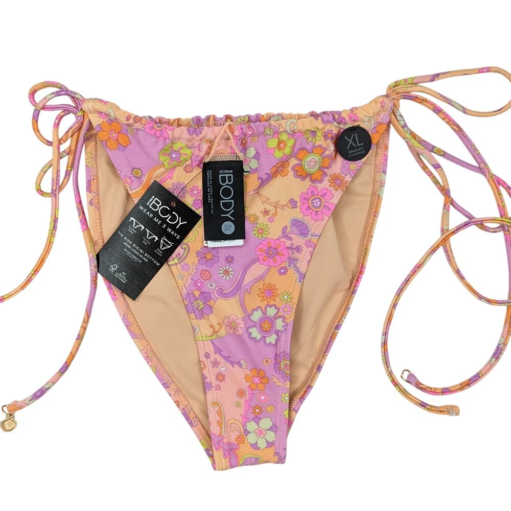Body Brazilian Coverage Bikini Bottom Pink Floral Print Tie Side Swimwear